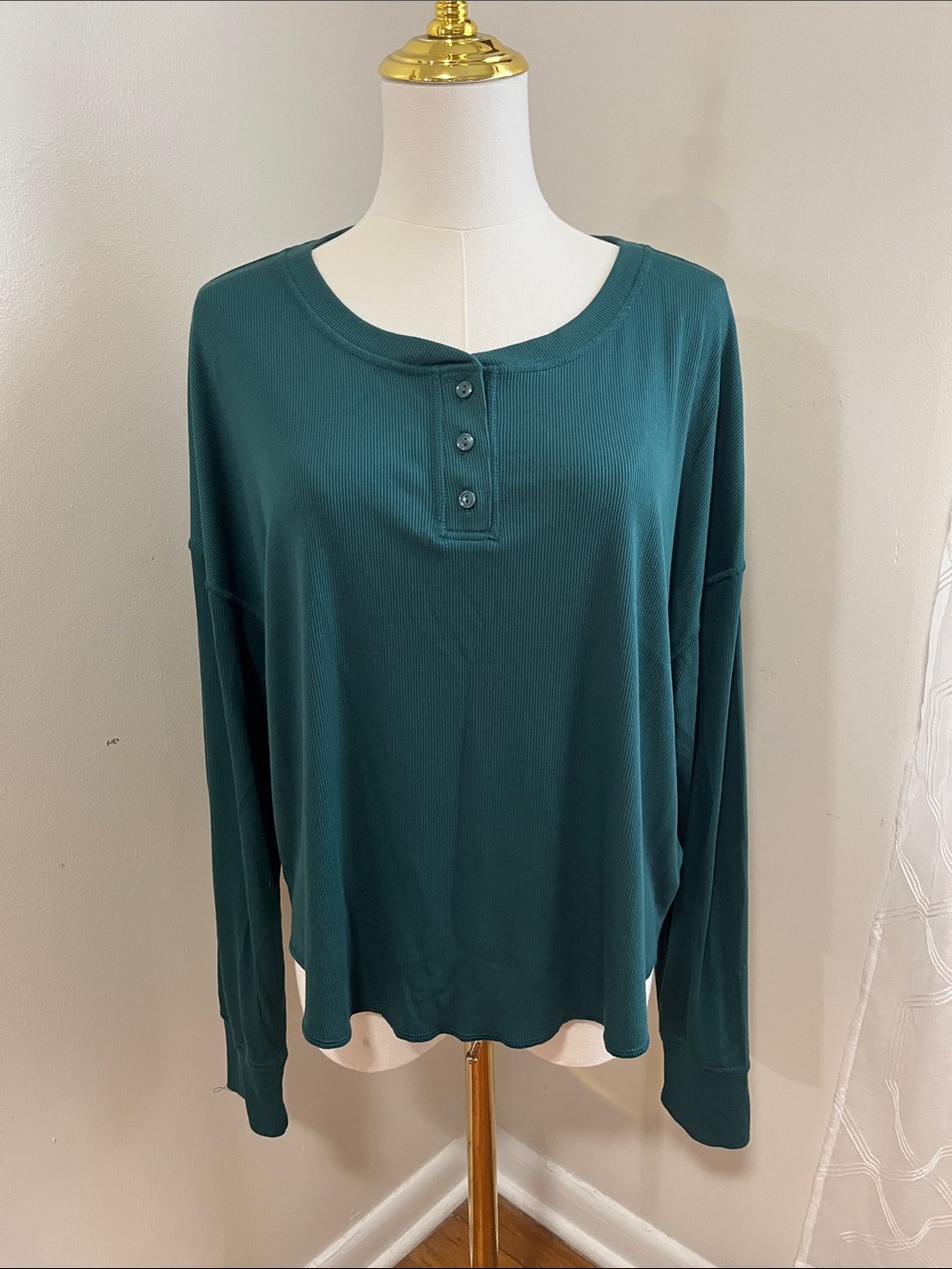 Relaxed Ribbed Henley Long Sleeve Top - Teal
